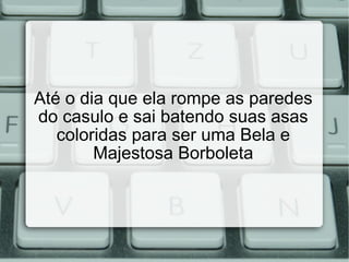Até o dia que ela rompe as paredes do casulo e sai batendo suas asas coloridas para ser uma Bela e Majestosa Borboleta 