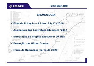 SISTEMA BRT
CRONOLOGIA
Final da licitação – 4 lotes: 29/12/2016
Assinatura dos Contratos: 03/março/2017
Março/2017
Elaboração do Projeto Executivo: 90 dias
Execução das Obras: 3 anos
Início de Operação: março de 2020
 