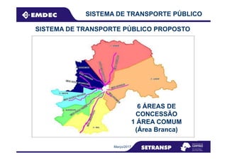 SISTEMA DE TRANSPORTE PÚBLICO
SISTEMA DE TRANSPORTE PÚBLICO PROPOSTO
Março/2017
6 ÁREAS DE
CONCESSÃO
1 ÁREA COMUM
(Área Branca)
 
