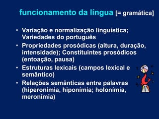 funcionamento da língua   [= gramática] Variação e normalização linguística; Variedades do português Propriedades prosódicas (altura, duração, intensidade); Constituintes prosódicos (entoação, pausa) Estruturas lexicais (campos lexical e semântico)  Relações semânticas entre palavras (hiperonímia, hiponímia; holonímia, meronímia) 
