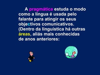 A  pragmática  estuda o modo como a língua é usada pelo falante para atingir os seus obje c tivos comunicativos. (Dentro da linguística há outras  áreas , aliás mais conhecidas de anos anteriores: 
