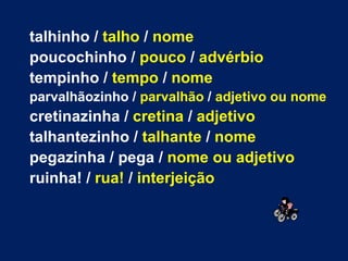 talhinho /  talho  /  nome poucochinho /  pouco  /  advérbio tempinho /  tempo  /  nome parvalhãozinho /  parvalhão  /  adjetivo ou nome cretinazinha /  cretina  /  adjetivo talhantezinho /  talhante  /  nome pegazinha / pega /  nome ou adjetivo ruinha! /  rua!  /  interjeição   
