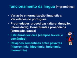 funcionamento da língua   [= gramática] Variação e normalização linguística; Variedades do português Propriedades prosódicas (altura, duração, intensidade); Constituintes prosódicos (entoação, pausa) Estruturas lexicais (campos lexical e semântico)  Relações semânticas entre palavras (hiperonímia, hiponímia; holonímia, meronímia) 