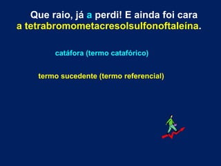 Que raio, já  a  perdi! E ainda foi cara  a tetrabromometacresolsulfonoftaleína .     catáfora (termo catafórico)   termo sucedente (termo referencial) 