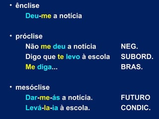 ênclise Deu - me  a notícia próclise Não  me   deu  a notícia NEG. Digo que  te   levo  à escola SUBORD. Me   diga ... BRAS. mesóclise Dar - me - ás  a notícia. FUTURO Levá - la - ia  à escola. CONDIC. 