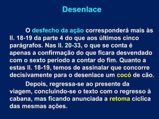 Desenlace
O desfecho da ação corresponderá mais às
ll. 18-19 da parte 4 do que aos últimos cinco
parágrafos. Nas ll. 20-33, o que se conta é
apenas a confirmação do que ficara desvendado
com o sexto período a contar do fim. Quanto a
estas ll. 18-19, temos de assinalar que concorre
decisivamente para o desenlace um cocó de cão.
Depois, regressa-se ao presente da
viagem, concluindo-se o texto com o regresso à
cabana, mas ficando anunciada a retoma cíclica
das mesmas ações.
 