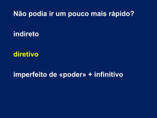 Não podia ir um pouco mais rápido?
indireto
diretivo
imperfeito de «poder» + infinitivo
 