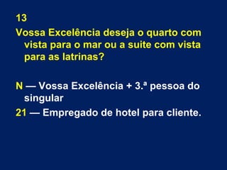 13 
Vossa Excelência deseja o quarto com 
vista para o mar ou a suite com vista 
para as latrinas? 
N — Vossa Excelência + 3.ª pessoa do 
singular 
21 — Empregado de hotel para cliente. 
 