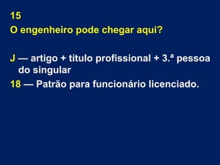 15 
O engenheiro pode chegar aqui? 
J — artigo + título profissional + 3.ª pessoa 
do singular 
18 — Patrão para funcionário licenciado. 
 