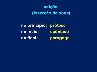 adição
(inserção de sons)
no princípio: prótese
no meio: epêntese
no final: paragoge
 