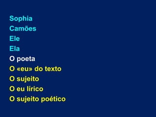 Sophia
Camões
Ele
Ela
O poeta
O «eu» do texto
O sujeito
O eu lírico
O sujeito poético
 