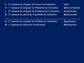 L 3.ª pessoa do singular do Futuro do Indicativo Lerá 
U 1.ª pessoa do singular do Presente do Indicativo Ultra-romantizo 
I 2.ª pessoa do singular do Presente do Conjuntivo Impacientes 
S 3.ª pessoa do plural do Imperfeito do Indicativo Subscreviam 
__________________________________________________________ 
A 2.ª pessoa do singular do Perfeito do Indicativo Agudizaste 
N 1.ª pessoa do plural do Condicional Nadaríamos 
 