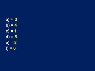 a) = 3
b) = 4
c) = 1
d) = 5
e) = 2
f) = 6
 