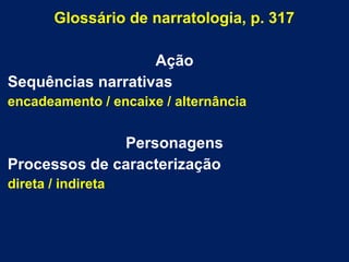 Glossário de narratologia, p. 317
Ação
Sequências narrativas
encadeamento / encaixe / alternância
Personagens
Processos de caracterização
direta / indireta
 