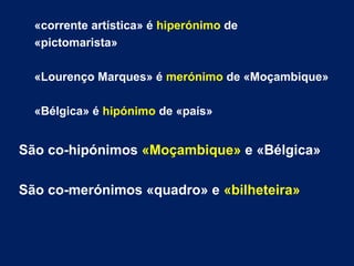 «corrente artística» é hiperónimo de
«pictomarista»
«Lourenço Marques» é merónimo de «Moçambique»
«Bélgica» é hipónimo de «país»
São co-hipónimos «Moçambique» e «Bélgica»
São co-merónimos «quadro» e «bilheteira»
 