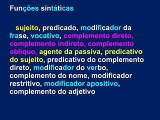 Funções sintáticas
sujeito, predicado, modificador da
frase, vocativo, complemento direto,
complemento indireto, complemento
oblíquo, agente da passiva, predicativo
do sujeito, predicativo do complemento
direto, modificador do verbo,
complemento do nome, modificador
restritivo, modificador apositivo,
complemento do adjetivo
 
