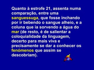 Quanto à estrofe 21, assenta numa comparação, entre uma  sanguessuga , que fosse inchando por ir bebendo o sangue alheio, e a coluna que ia sorvendo a água do  mar  (de resto, é de salientar a coloquialidade da linguagem, decerto para mais viva e precisamente se dar a conhecer os  fenómenos  que assim se descobriam).  