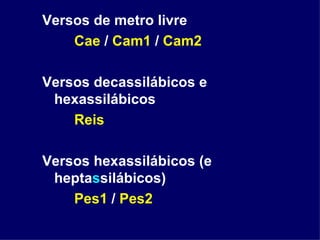 Versos de metro livre Cae  /  Cam1  /  Cam2 Versos decassilábicos e hexassilábicos Reis Versos hexassilábicos (e hepta s silábicos) Pes1  /  Pes2 