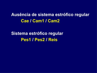 Ausência de sistema estrófico regular Cae  /  Cam1  /  Cam2 Sistema estrófico regular Pes1  /  Pes2  /  Reis 
