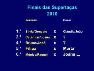 Finais das Supertaças 2010 Campeões Europa 1.ª  Sílvia/Gonçalo   x  Cláudia/João 2.ª  Catarinas/Joana   x  ? 4.ª  Bruno/José x  ? 5.ª  Filipa x Marta 6.ª  Mónica/Raquel   x Joana L. 