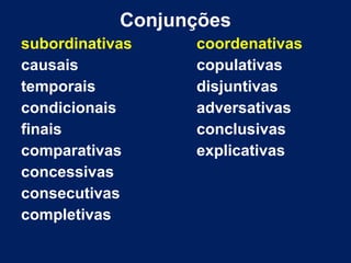 Conjunções
subordinativas
causais
temporais
condicionais
finais
comparativas
concessivas
consecutivas
completivas

coordenativas
copulativas
disjuntivas
adversativas
conclusivas
explicativas

 