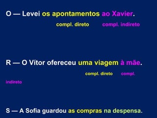 O — Levei os apontamentos ao Xavier.
compl. direto

compl. indireto

R — O Vítor ofereceu uma viagem à mãe.
compl. direto

compl.

indireto

S — A Sofia guardou as compras na despensa.

 