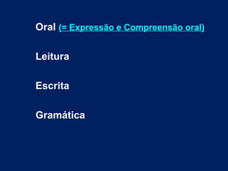 Oral (= Expressão e Compreensão oral)
Leitura
Escrita
Gramática
 