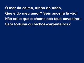 Ó mar da calma, ninho do tufão,
Que é do meu amor? Seis anos já lá vão!
Não sei o que o chama aos teus nevoeiros:
Será fortuna ou bichos-carpinteiros?
 