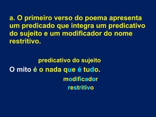 a. O primeiro verso do poema apresenta
um predicado que integra um predicativo
do sujeito e um modificador do nome
restritivo.
predicativo do sujeito
O mito é o nada que é tudo.
modificador
restritivo
 