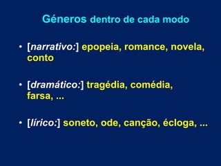 Géneros dentro de cada modo
• [narrativo:] epopeia, romance, novela,
conto
• [dramático:] tragédia, comédia,
farsa, ...
• [lírico:] soneto, ode, canção, écloga, ...
 