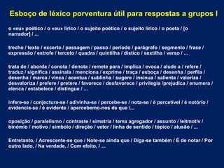 Esboço de léxico porventura útil para respostas a grupos I
o «eu» poético / o «eu» lírico / o sujeito poético / o sujeito lírico / o poeta / [o
narrador] / ...
trecho / texto / excerto / passagem / passo / período / parágrafo / segmento / frase /
expressão / estrofe / terceto / quadra / quintilha / dístico / sextilha / verso / ...
trata de / aborda / conota / denota / remete para / implica / evoca / alude a / refere /
traduz / significa / assinala / menciona / exprime / traça / esboça / desenha / perfila /
desenha / marca / vinca / acentua / sublinha / sugere / insinua / salienta / valoriza /
desvaloriza / prefere / pretere / favorece / desfavorece / privilegia /prejudica / enumera /
elenca / estabelece / distingue / ...
infere-se / conjectura-se / adivinha-se / percebe-se / nota-se / é percetível / é notório /
evidencia-se / é evidente / apercebemo-nos de que /...
oposição / paralelismo / contraste / simetria / tema agregador / assunto / leitmotiv /
binómio / motivo / símbolo / direção / vetor / linha de sentido / tópico / alusão / ...
Entretanto, / Acrescente-se que / Note-se ainda que / Diga-se também / É de notar / Por
outro lado, / Na verdade, / Com efeito, / ...
 