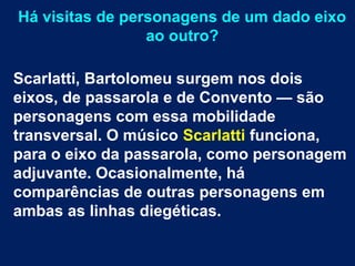 Há visitas de personagens de um dado eixo
ao outro?
Scarlatti, Bartolomeu surgem nos dois
eixos, de passarola e de Convento — são
personagens com essa mobilidade
transversal. O músico Scarlatti funciona,
para o eixo da passarola, como personagem
adjuvante. Ocasionalmente, há
comparências de outras personagens em
ambas as linhas diegéticas.
 