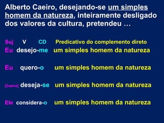 Alberto Caeiro, desejando-se um simples
homem da natureza, inteiramente desligado
dos valores da cultura, pretendeu …
Suj V CD Predicativo do complemento direto
Eu desejo-me um simples homem da natureza
Eu quero-o um simples homem da natureza
[Caeiro] deseja-se um simples homem da natureza
Ele considera-o um simples homem da natureza
 