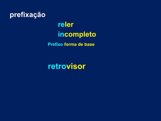 prefixação
reler
incompleto
Prefixo forma de base
retrovisor
 