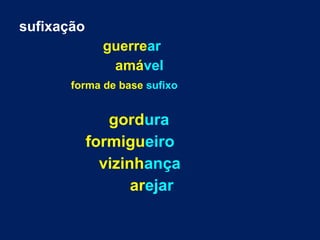 sufixação
guerrear
amável
forma de base sufixo
gordura
formigueiro
vizinhança
arejar
 