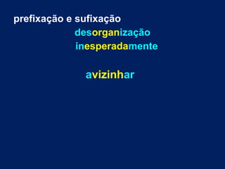 prefixação e sufixação
desorganização
inesperadamente
avizinhar
 