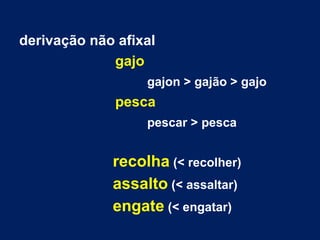 derivação não afixal
gajo
gajon > gajão > gajo
pesca
pescar > pesca
recolha (< recolher)
assalto (< assaltar)
engate (< engatar)
 