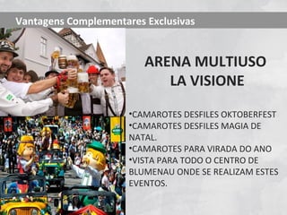 Vantagens Complementares Exclusivas


                         ARENA MULTIUSO
                            LA VISIONE
                      •CAMAROTES DESFILES OKTOBERFEST
                      •CAMAROTES DESFILES MAGIA DE
                      NATAL.
                      •CAMAROTES PARA VIRADA DO ANO
                      •VISTA PARA TODO O CENTRO DE
                      BLUMENAU ONDE SE REALIZAM ESTES
                      EVENTOS.
 