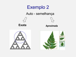 Propriedades dos FractaisAuto-similaridade: pode ser exata ou estatística, ou seja, mantém a mesma forma e estrutura sob uma transformação de escala (transformação que reduz ou amplia o objeto ou parte dele);Exemplo 1Têm infinitos detalhes;São geralmente auto-semelhantesNão dependem de escala