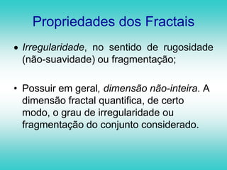Propriedades dos FractaisComplexidade infinita, isto é, qualquer que seja o número de amplificações de um objeto fractal, nunca obteremos a “imagem final”, uma vez que ela poderá continuar a ser infinitamente ampliada 