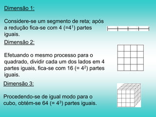 A dimensão de um objeto, ao contrário do que sucede na Geometria Euclidiana, não é necessariamente um número inteiro. Com efeito, ela pode ser um número fracionário. A dimensão de um fractal representa o grau de ocupação deste no espaço, estando relacionada com o seu grau de irregularidade. Definimos então dimensão de uma curva fractal como sendo um número que caracteriza a maneira na qual a medida do comprimento entre dois pontos aumenta à medida que a escala diminui.