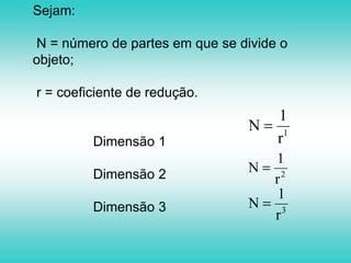 Dimensão 1:Considere-se um segmento de reta; após a redução fica-se com 4 (=41) partes iguais.Dimensão 2:Efetuando o mesmo processo para o quadrado, dividir cada um dos lados em 4 partes iguais, fica-se com 16 (= 42) partes iguais.Dimensão 3:Procedendo-se de igual modo para o cubo, obtém-se 64 (= 43) partes iguais.