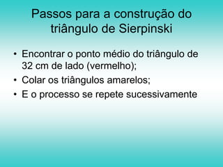 Atividade 3Construção do Triângulo de Sierpinski;Material:   1 triângulo com 32cm de lado (vermelho)  1 triângulo com 16cm de lado (amarelo)    3 triângulos com 8cm de lado (amarelo)    9 triângulos com 4cm de lado (amarelo) 