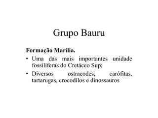 Grupo Bauru
Formação Marília.
• Uma das mais importantes unidade
fossilíferas do Cretáceo Sup;
• Diversos
ostracodes,
carófitas,
tartarugas, crocodilos e dinossauros

 
