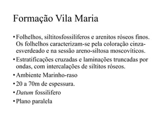 Formação Vila Maria
• Folhelhos, siltitosfossiliferos e arenitos róseos finos.
Os folhelhos caracterizam-se pela coloração cinzaesverdeado e na sessão areno-siltosa moscovíticos.
• Estratificações cruzadas e laminações truncadas por
ondas, com intercalações de siltitos róseos.
• Ambiente Marinho-raso
• 20 a 70m de espessura.
• Datum fossilifero
• Plano paralela

 
