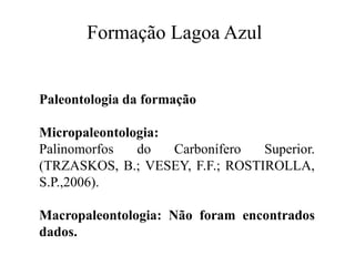 Formação Lagoa Azul

Paleontologia da formação

Micropaleontologia:
Palinomorfos
do
Carbonífero
Superior.
(TRZASKOS, B.; VESEY, F.F.; ROSTIROLLA,
S.P.,2006).
Macropaleontologia: Não foram encontrados
dados.

 