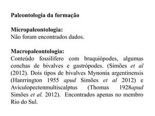 Paleontologia da formação

Micropaleontologia:
Não foram encontrados dados.
Macropaleontologia:
Conteúdo fossilifero com braquiópodes, algumas
conchas de bivalves e gastrópodes. (Simões et al
(2012). Dois tipos de bivalves Mynonia argentinensis
(Hanrrington 1955 apud Simões et al 2012) e
Aviculopectenmultiscalptus
(Thomas
1928apud
Simões et al. 2012). Encontrados apenas no membro
Rio do Sul.

 