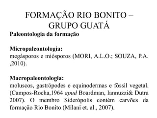 FORMAÇÃO RIO BONITO –
GRUPO GUATÁ
Paleontologia da formação
Micropaleontologia:
megásporos e miósporos (MORI, A.L.O.; SOUZA, P.A.
,2010).
Macropaleontologia:
moluscos, gastrópodes e equinodermas e fóssil vegetal.
(Campos-Rocha,1964 apud Boardman, Iannuzzi& Dutra
2007). O membro Siderópolis contém carvões da
formação Rio Bonito (Milani et. al., 2007).

 
