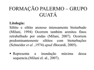 FORMAÇÃO PALERMO – GRUPO
GUATÁ
Litologia:
Siltito e siltito arenoso intensamente bioturbado
(Milani, 1994) Ocorrem também arenitos finos
retrabalhado por ondas (Milani, 2007). Ocorrem
predominantemente siltitos com bioturbações
(Schneider et al. ,1974) apud (Bocardi, 2005).
 Representa a inundação máxima
sequencia.(Milani el. al., 2007).

dessa

 