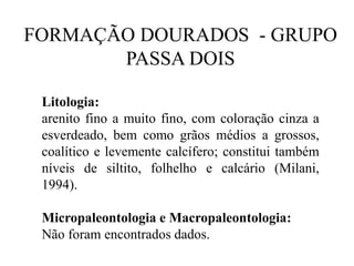 FORMAÇÃO DOURADOS - GRUPO
PASSA DOIS
Litologia:
arenito fino a muito fino, com coloração cinza a
esverdeado, bem como grãos médios a grossos,
coalítico e levemente calcífero; constitui também
níveis de siltito, folhelho e calcário (Milani,
1994).
Micropaleontologia e Macropaleontologia:
Não foram encontrados dados.

 